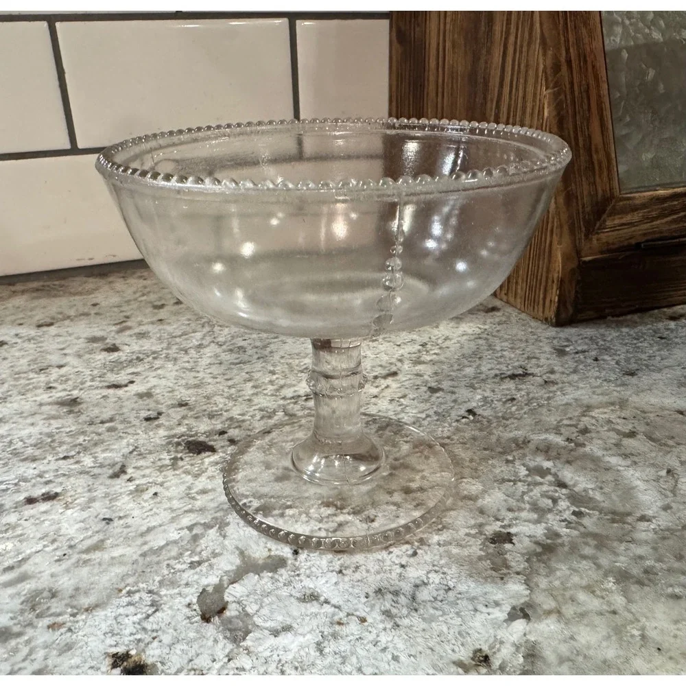 Vintage Clear Glass Beaded Rim Pedestal Compote Dish Footed Candy Bowl 5 inch